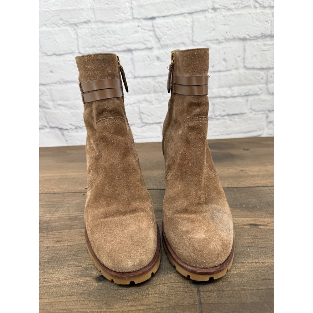 Tory Burch Leigh Brown Suede Double T Logo Lug Sole Ankle Boots 8.5M - Picture 4 of 15